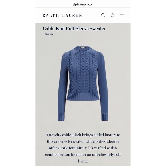 Lauren Ralph Lauren Sweater XXL Blue Cable-Knit Cotton Crewneck Puff Sleeve NWT - Picture 3 of 12